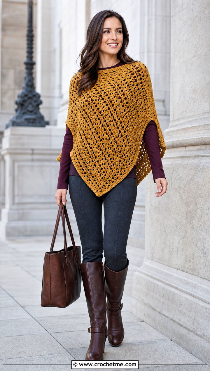 Gold Crochet Poncho Top With Leggings And Riding Boots - 35 gold crochet top outfit ideas