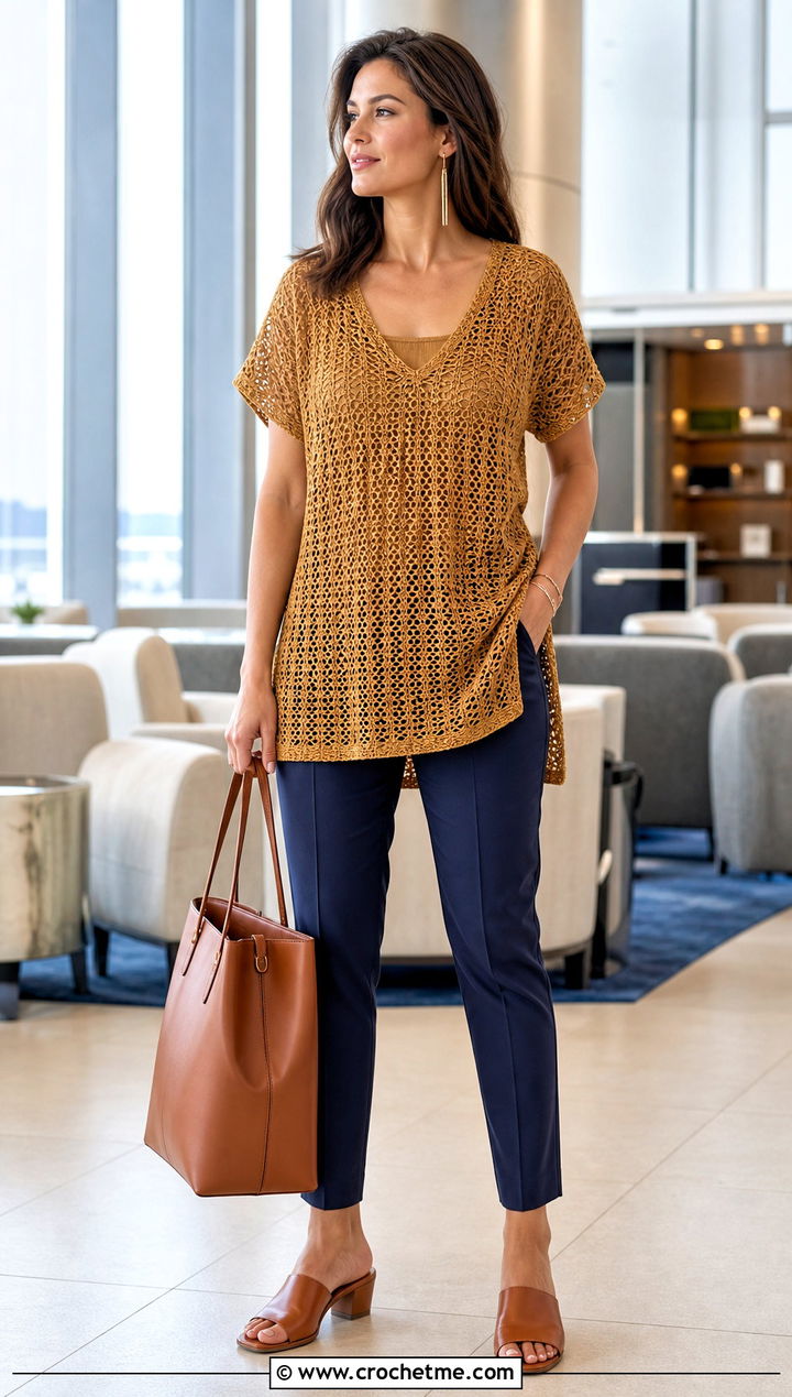 Gold Crochet Tunic Top With Slim Pants - 35 gold crochet top outfit ideas