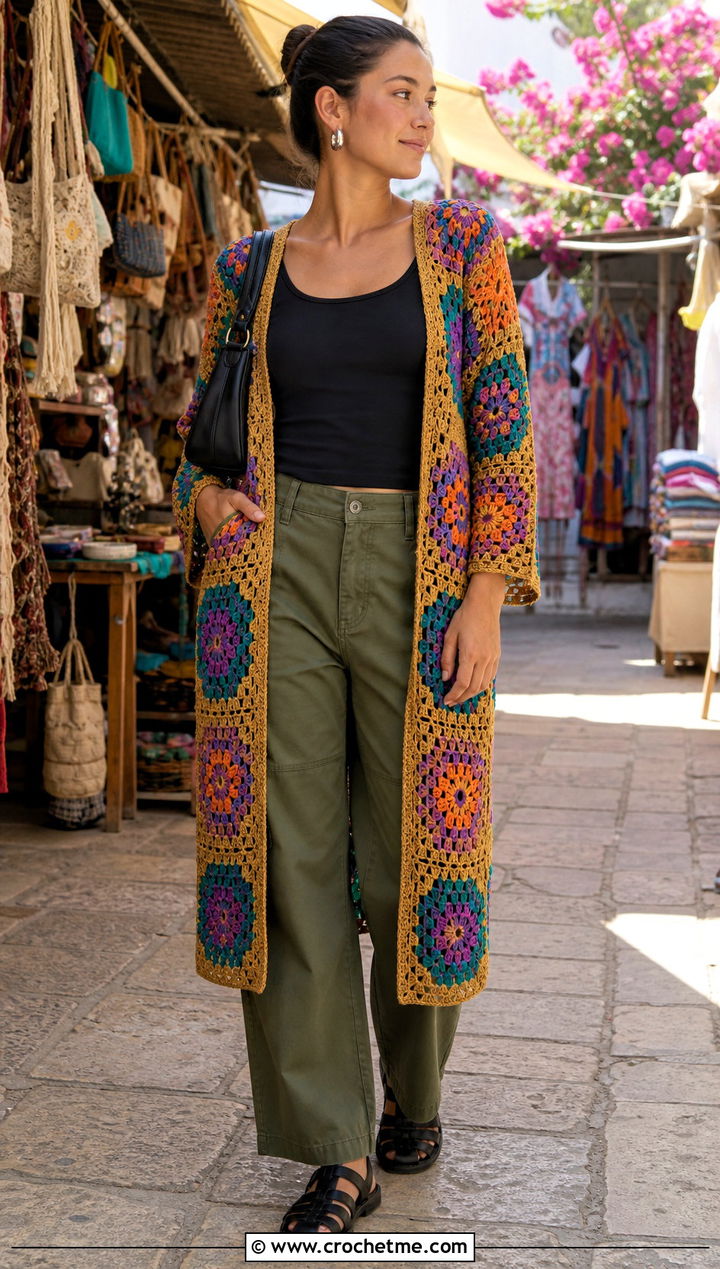 Gold Granny Square Crochet Cover Up With Cargo Pants - 15 Gold Crochet Cover Up outfit ideas