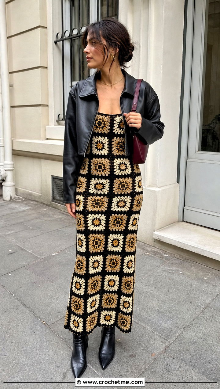 Gold Granny Square Crochet Dress With Leather Jacket - 35 Gold Crochet Dress outfit ideas