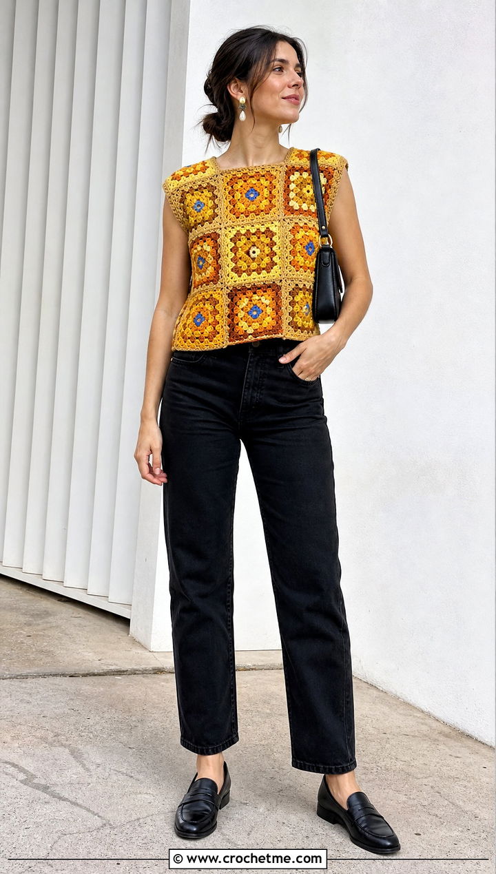 Gold Granny Square Crochet Top With Black Jeans - 35 gold crochet top outfit ideas