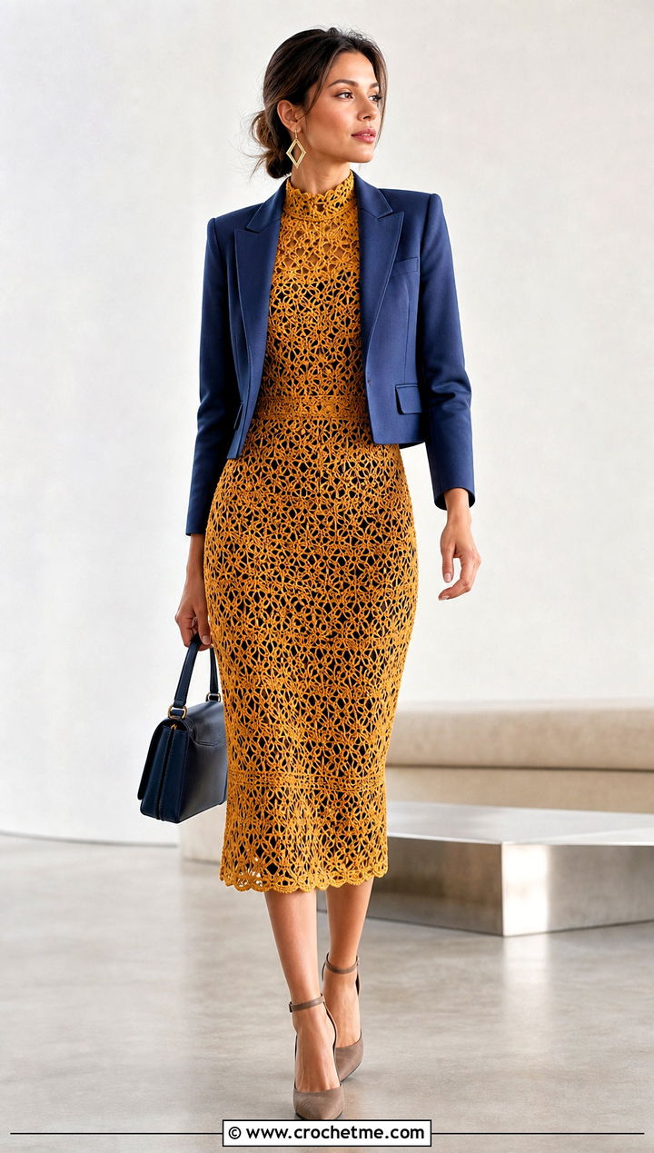 Gold High Neck Crochet Midi Dress With Cropped Blazer - 35 Gold Crochet Dress outfit ideas