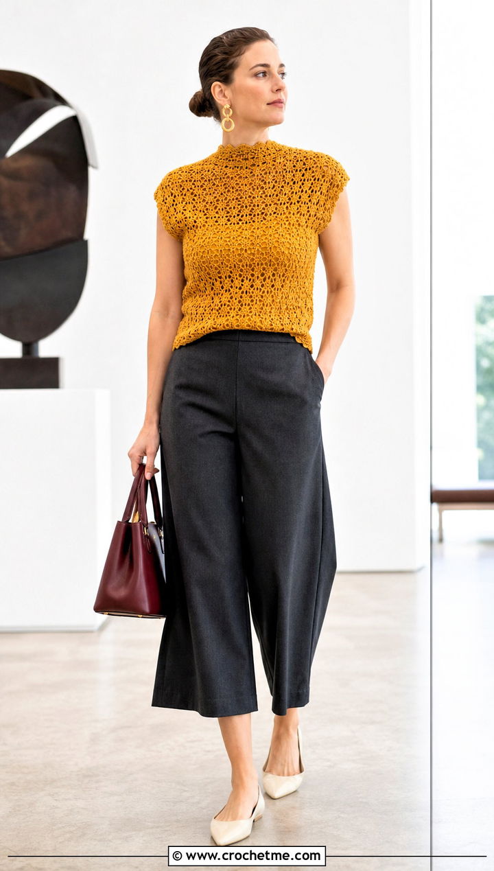 Gold High Neck Crochet Top With Culottes - 35 gold crochet top outfit ideas