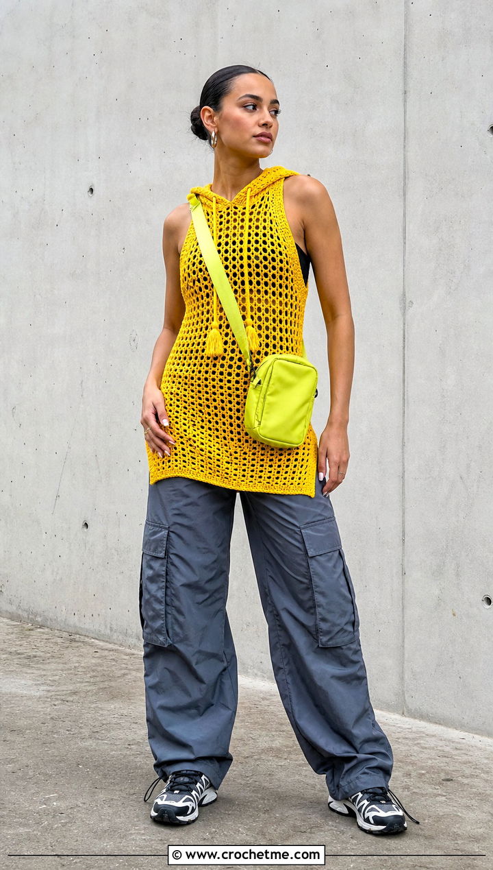 Gold Hooded Crochet Mini Dress With Cargo Pants - 35 Gold Crochet Dress outfit ideas