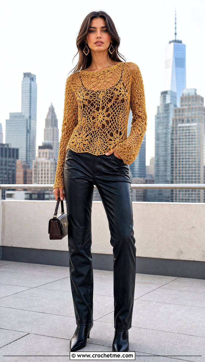 Gold Long Sleeve Crochet Top With Leather Pants - 35 gold crochet top outfit ideas
