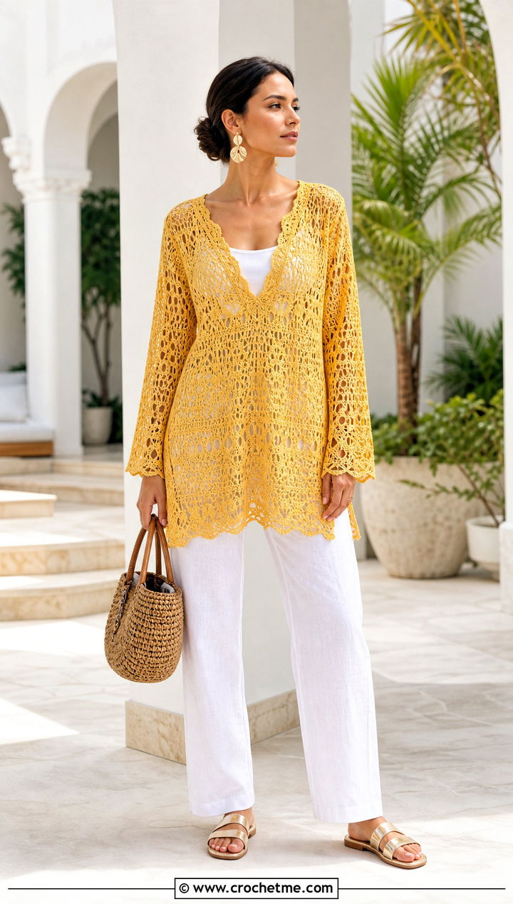 Gold Long Sleeve Crochet Tunic Cover Up With White Linen Pants - 15 Gold Crochet Cover Up outfit ideas