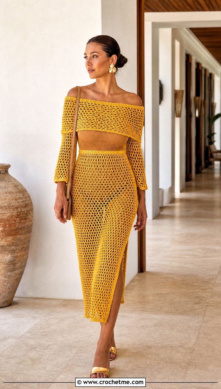 Gold Off Shoulder Crochet Cover Up Dress With Matching Bodysuit - 15 Gold Crochet Cover Up outfit ideas