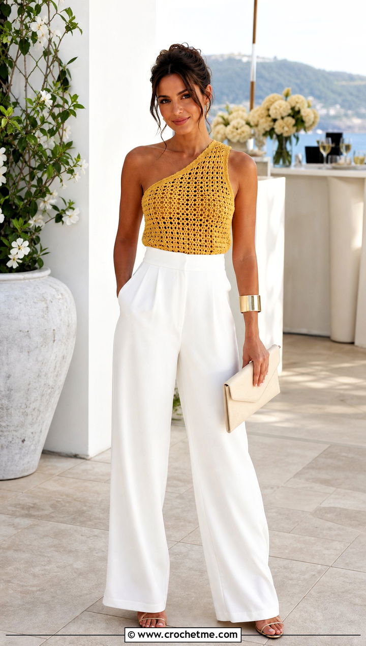 Gold One Shoulder Crochet Top With White Trousers - 35 gold crochet top outfit ideas