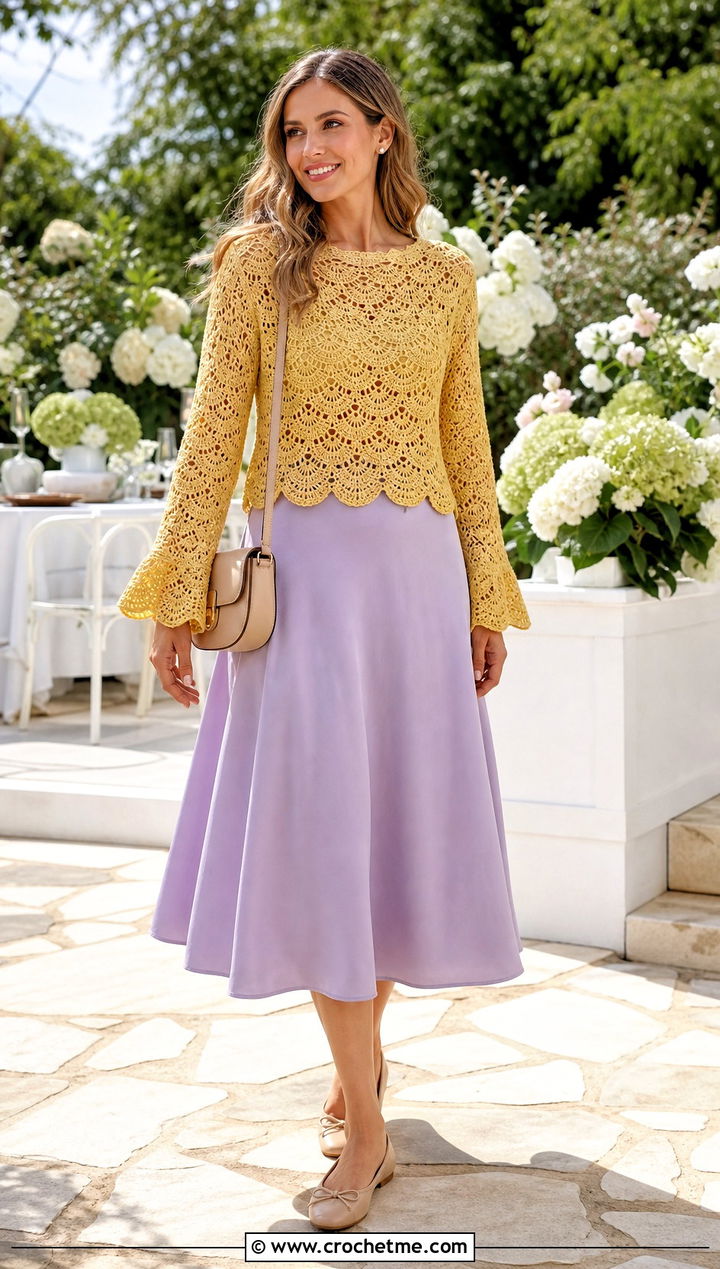 Gold Scallop Crochet Top With A Line Skirt - 35 gold crochet top outfit ideas
