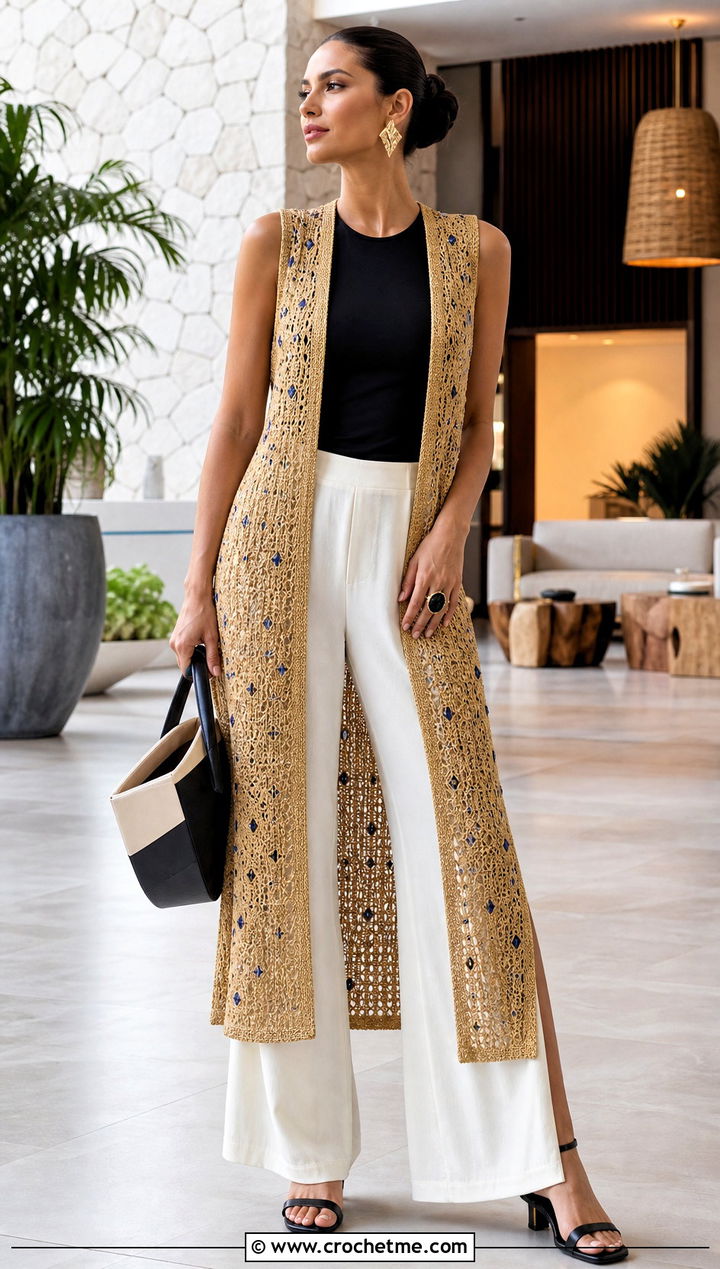 Gold Side Slit Crochet Midi Cover Up With Wide Leg Trousers - 15 Gold Crochet Cover Up outfit ideas