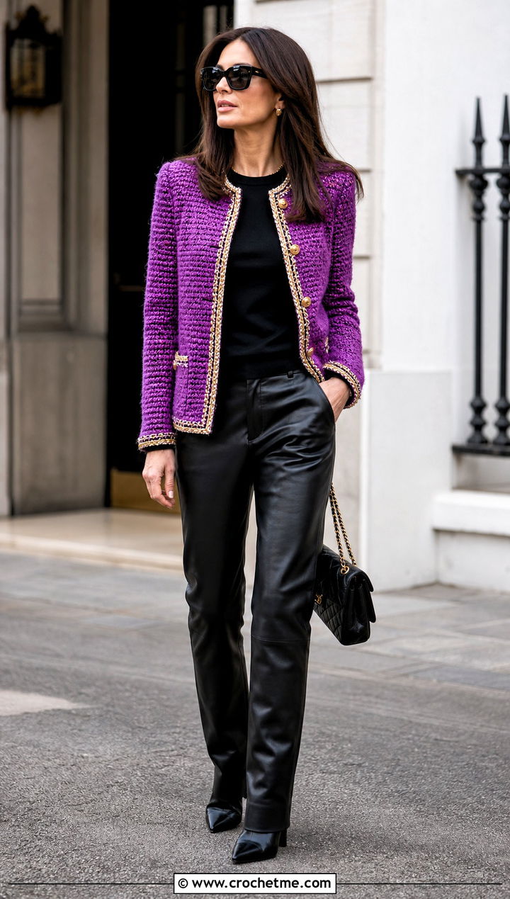 Gold Trim Crochet Chanel Jacket With Leather Pants - 30 crochet chanel jacket outfit ideas