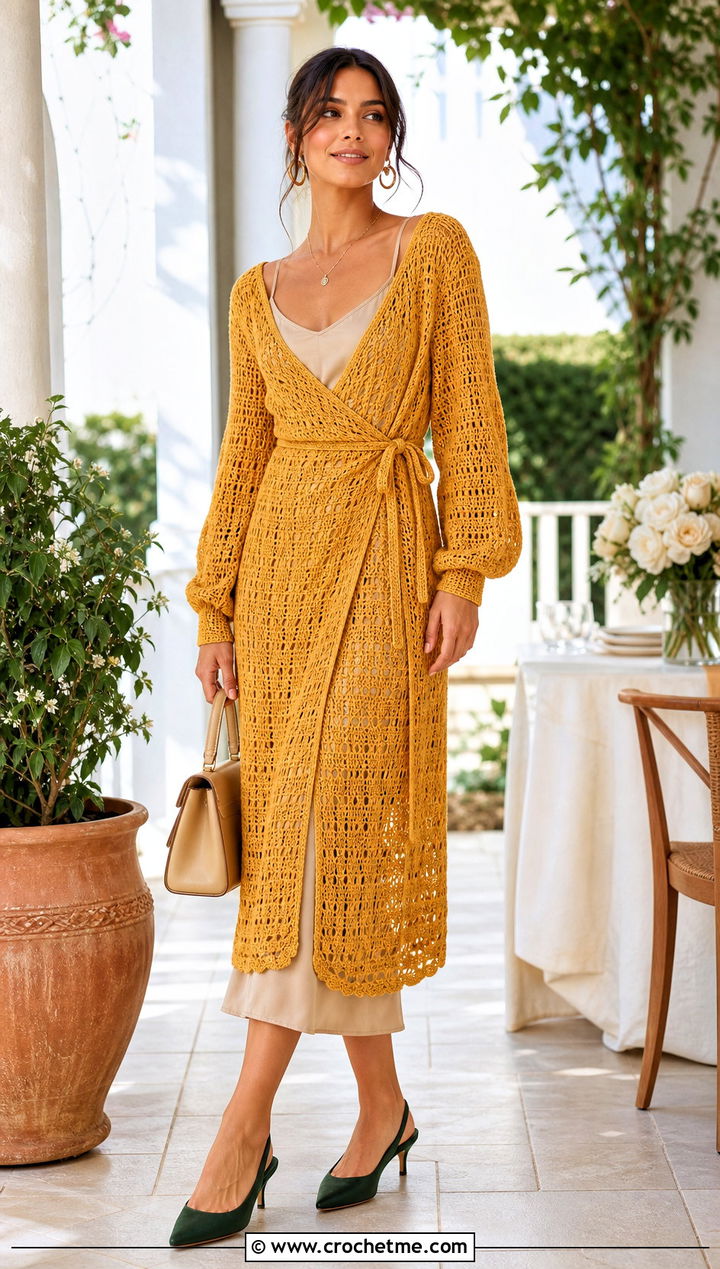 Gold Wrap Crochet Midi Dress With Kitten Heels - 35 Gold Crochet Dress outfit ideas