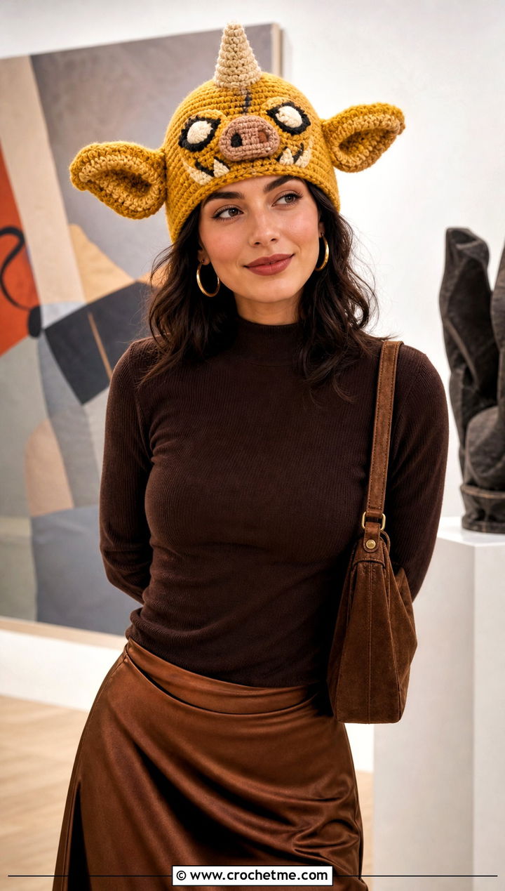 Golden Bokoblin Crochet Hat With Satin Midi Skirt - 15 Bokoblin Crochet Hat outfit ideas