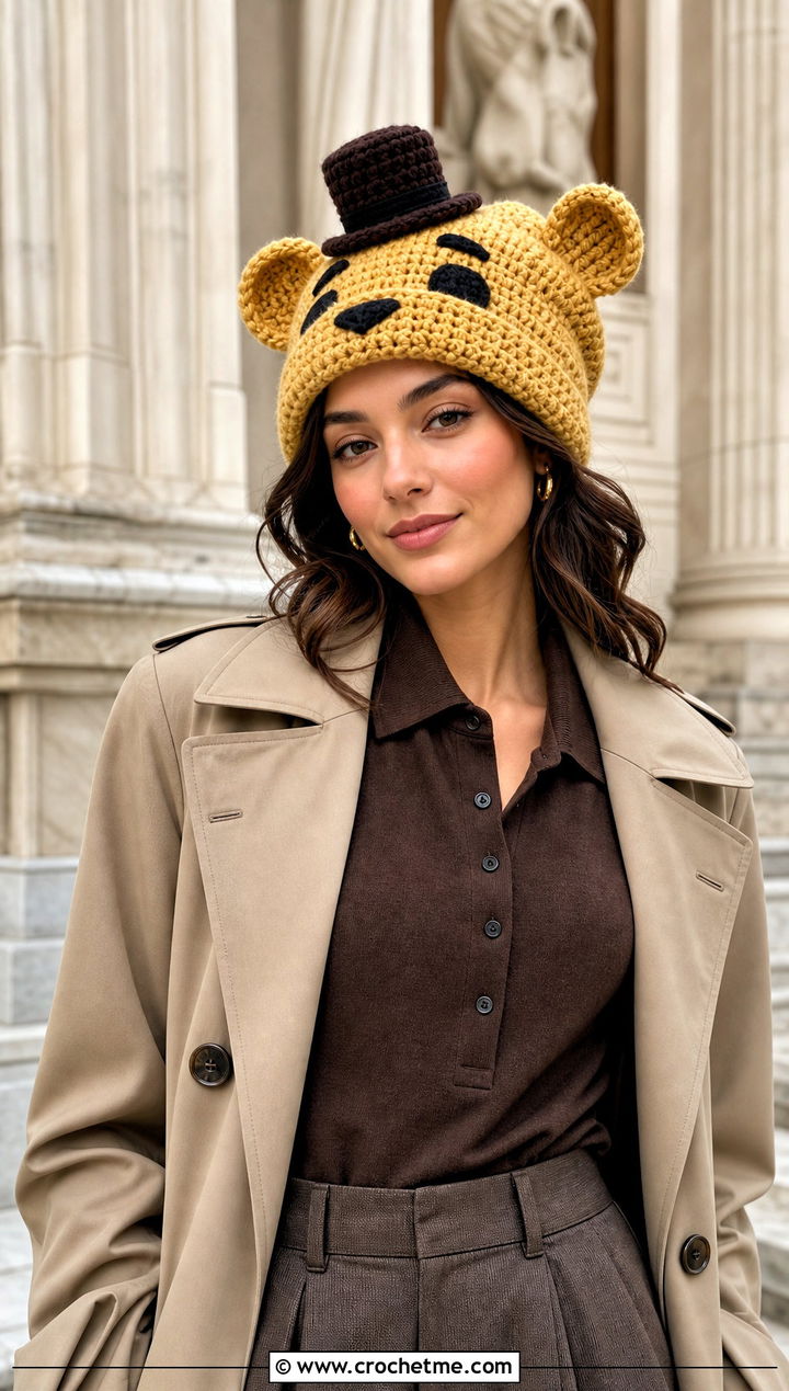 Golden Freddy Crochet Slouchy Beanie With Trench Coat - 25 fnaf crochet hat outfit ideas