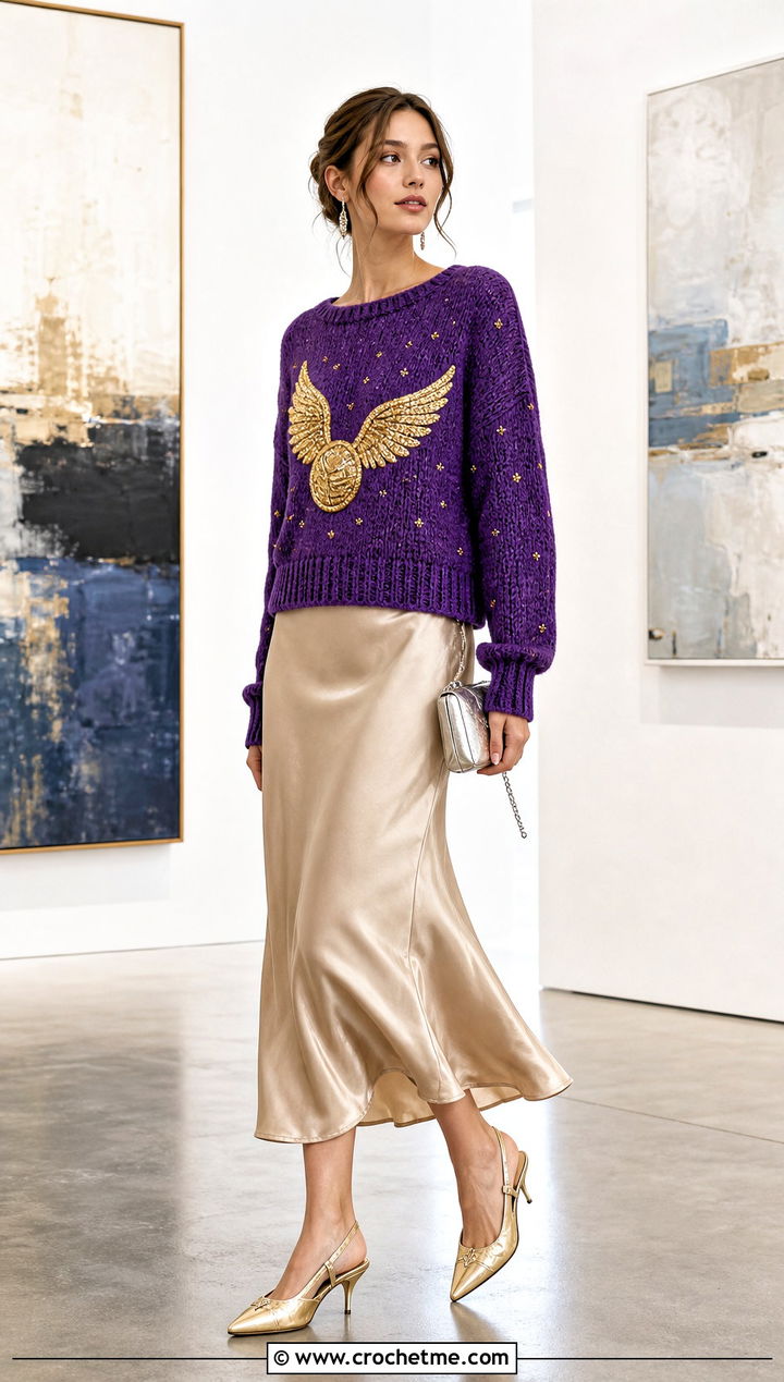 Golden Snitch Crochet Sweater With Satin Midi Skirt - 35 crochet harry potter sweater outfit ideas