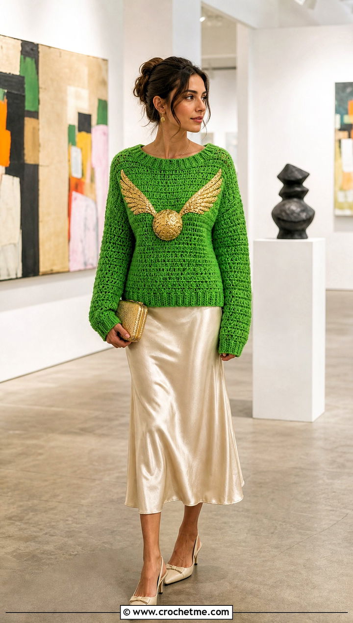 Golden Snitch Crochet Sweater With Satin Slip Skirt - 25 Harry Potter Crochet Sweater outfit ideas