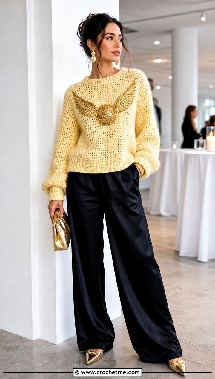 Golden Snitch Crochet Sweater With Satin Trousers - 25 harry potter crochet clothes and outfit ideas