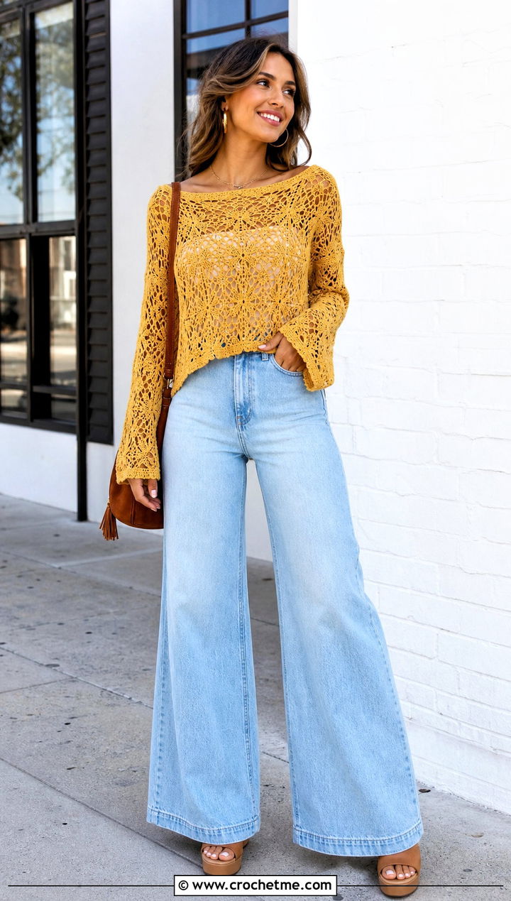 Golden Yellow Boat Neck Lace Crochet Sweater With Wide Leg Jeans - 15 Yellow Lace Crochet Sweater outfit ideas