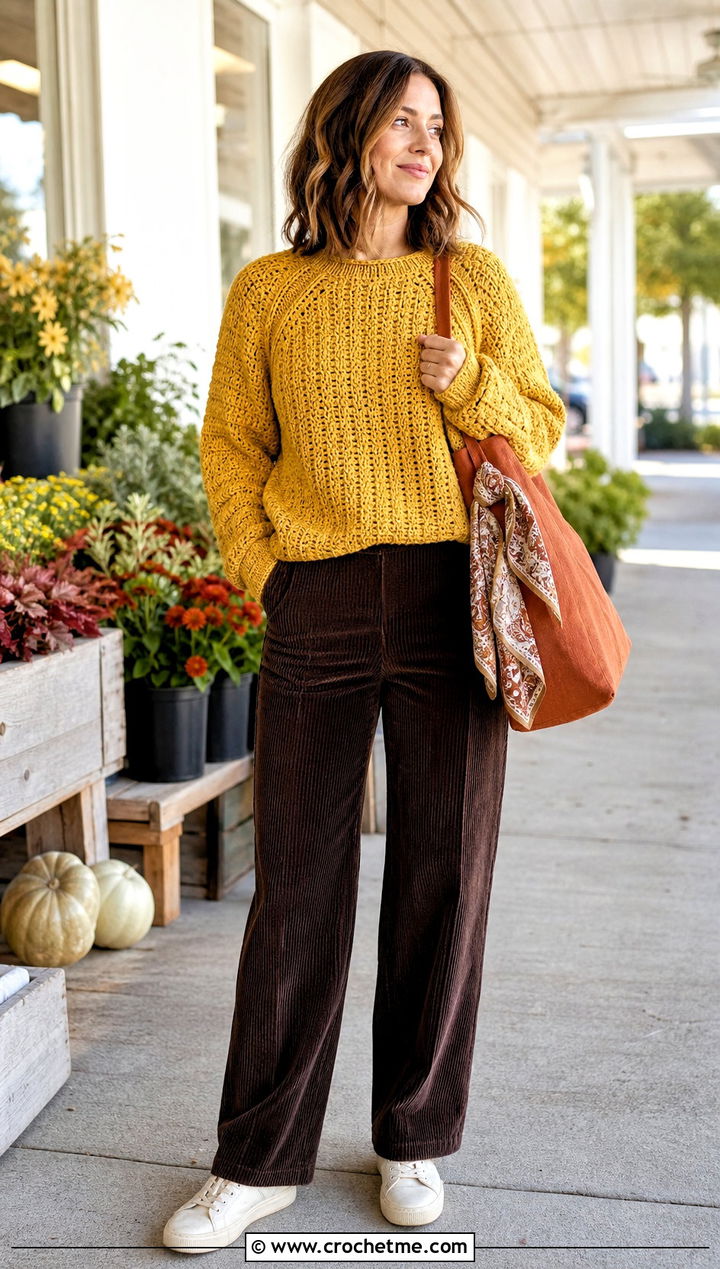 Golden Yellow Crochet Raglan Sweater With Corduroy Pants - 30 Crochet Yellow Sweater outfit ideas
