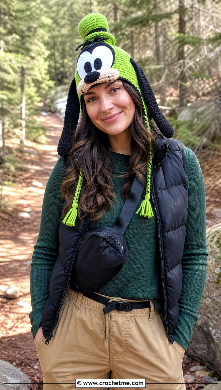 Goofy Earflap Beanie With Puffer Vest - 25 Crochet Disney Beanie outfit ideas