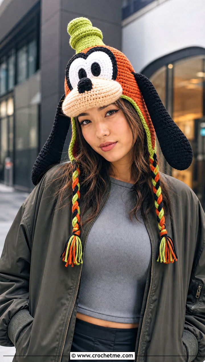 Goofy Earflap Hat With Cargo Pants - 30 disney crochet hat outfit ideas