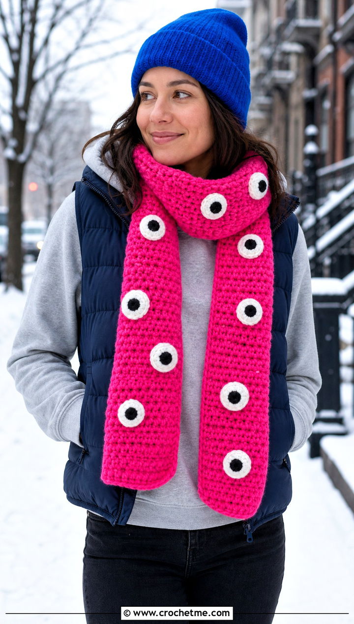 Googly Eye Crochet Scarf With Puffer Vest - 15 Funny Crochet Scarves outfit ideas