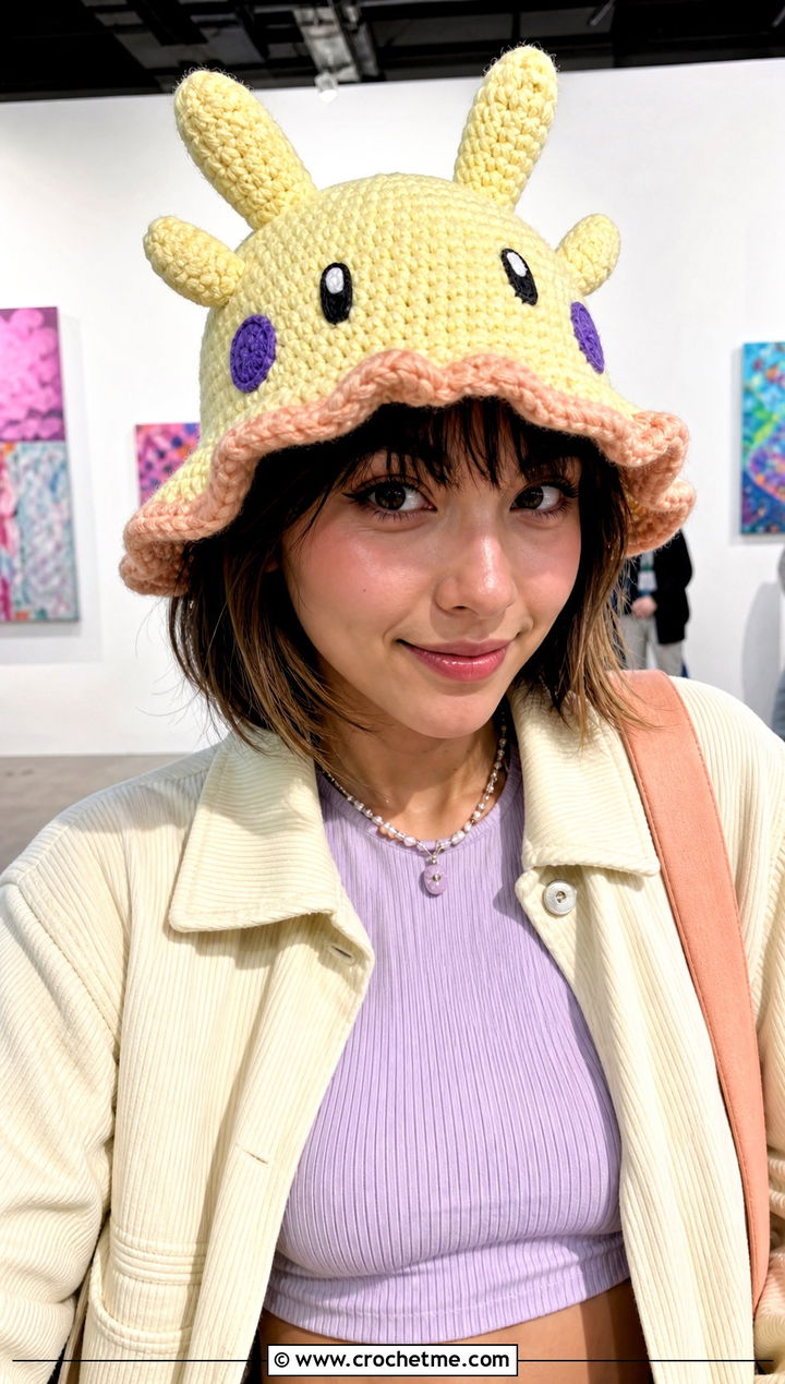 Goomy Tentacle Crochet Pokemon Bucket Hat With Corduroy Outfit - 15 Crochet Pokemon Bucket Hat outfit ideas