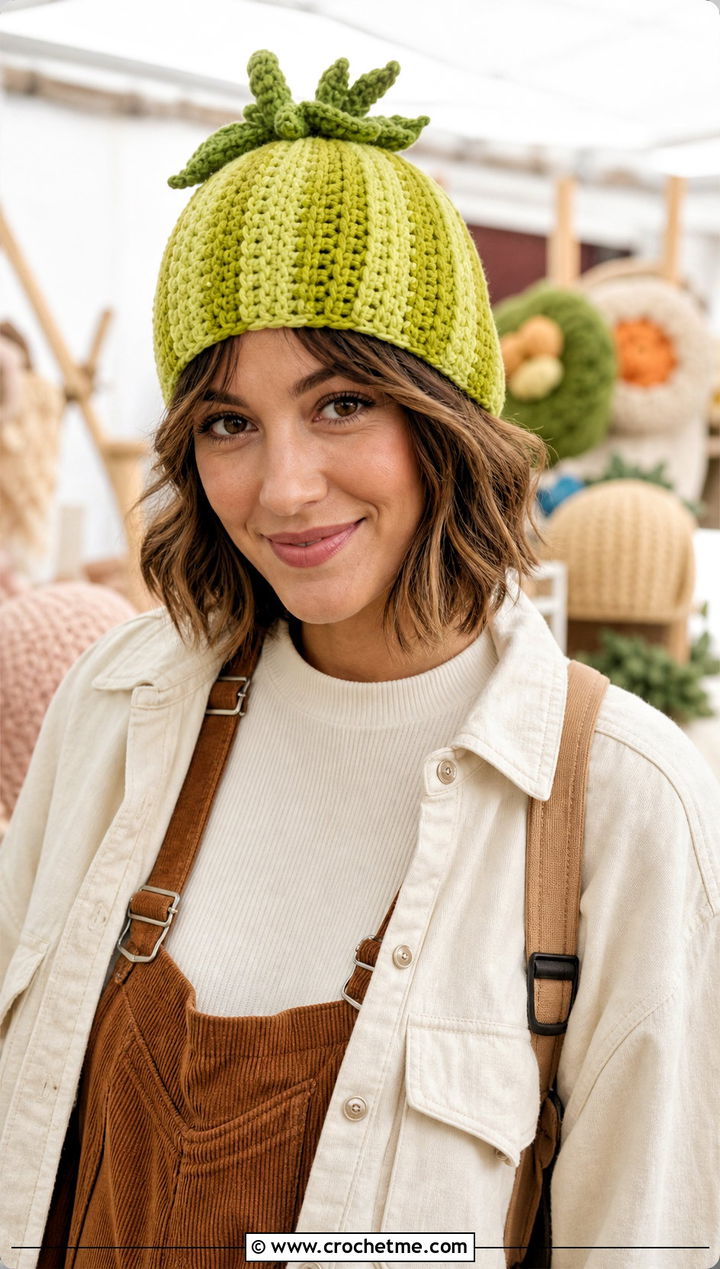 Gooseberry Crochet Beanie With Corduroy Overalls - 30 crochet fruit beanie outfit ideas