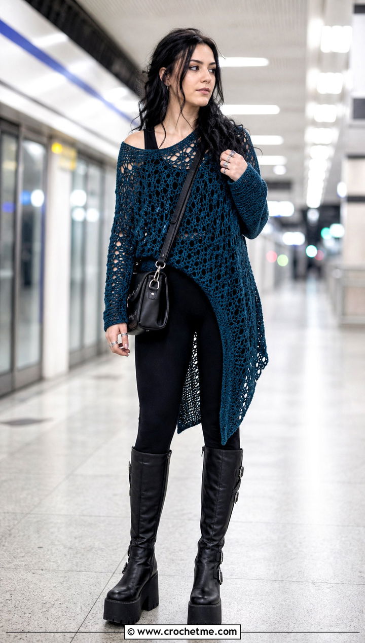 Goth Asymmetrical Crochet Sweater With Leggings - 30 goth crochet sweater outfit ideas