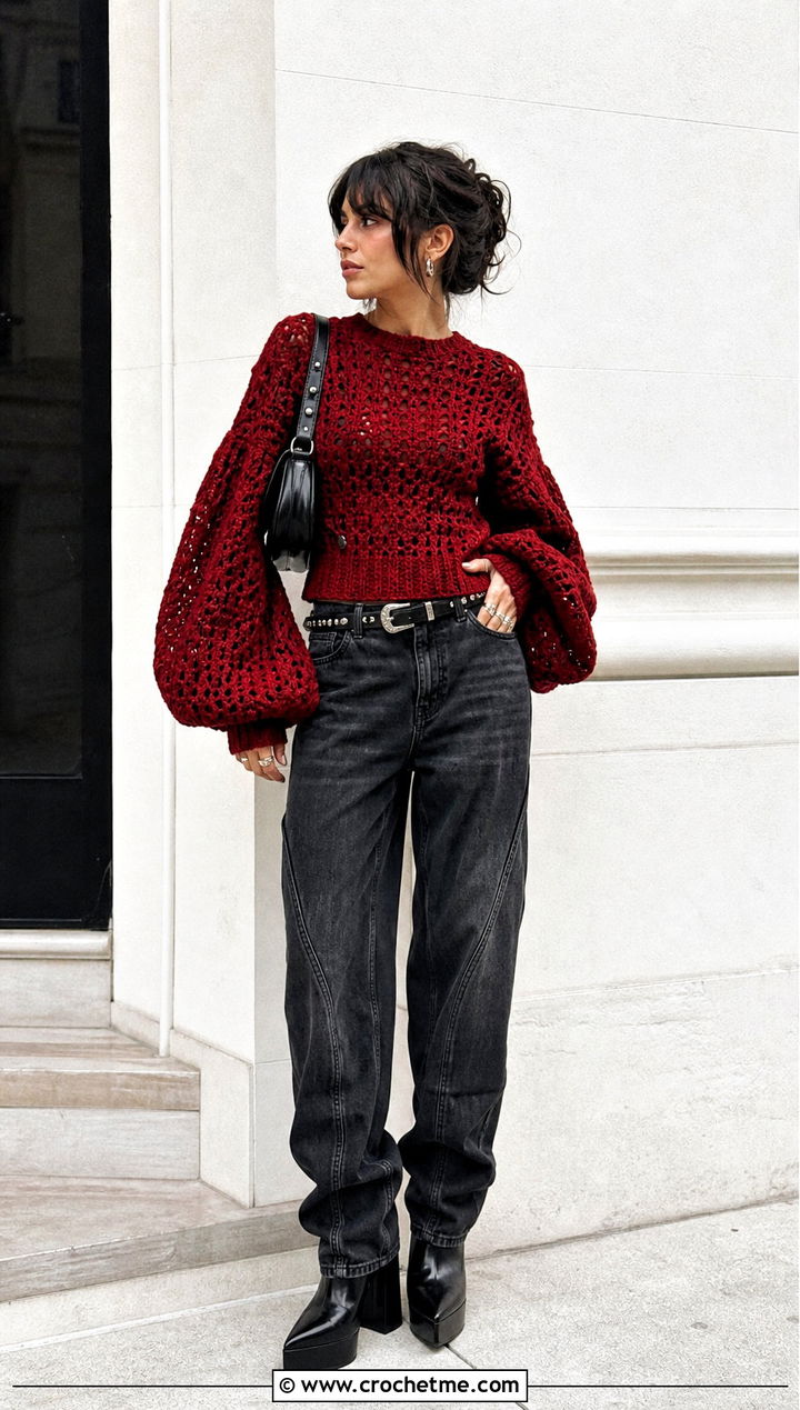 Goth Balloon Sleeve Crochet Sweater With Barrel Jeans - 30 goth crochet sweater outfit ideas