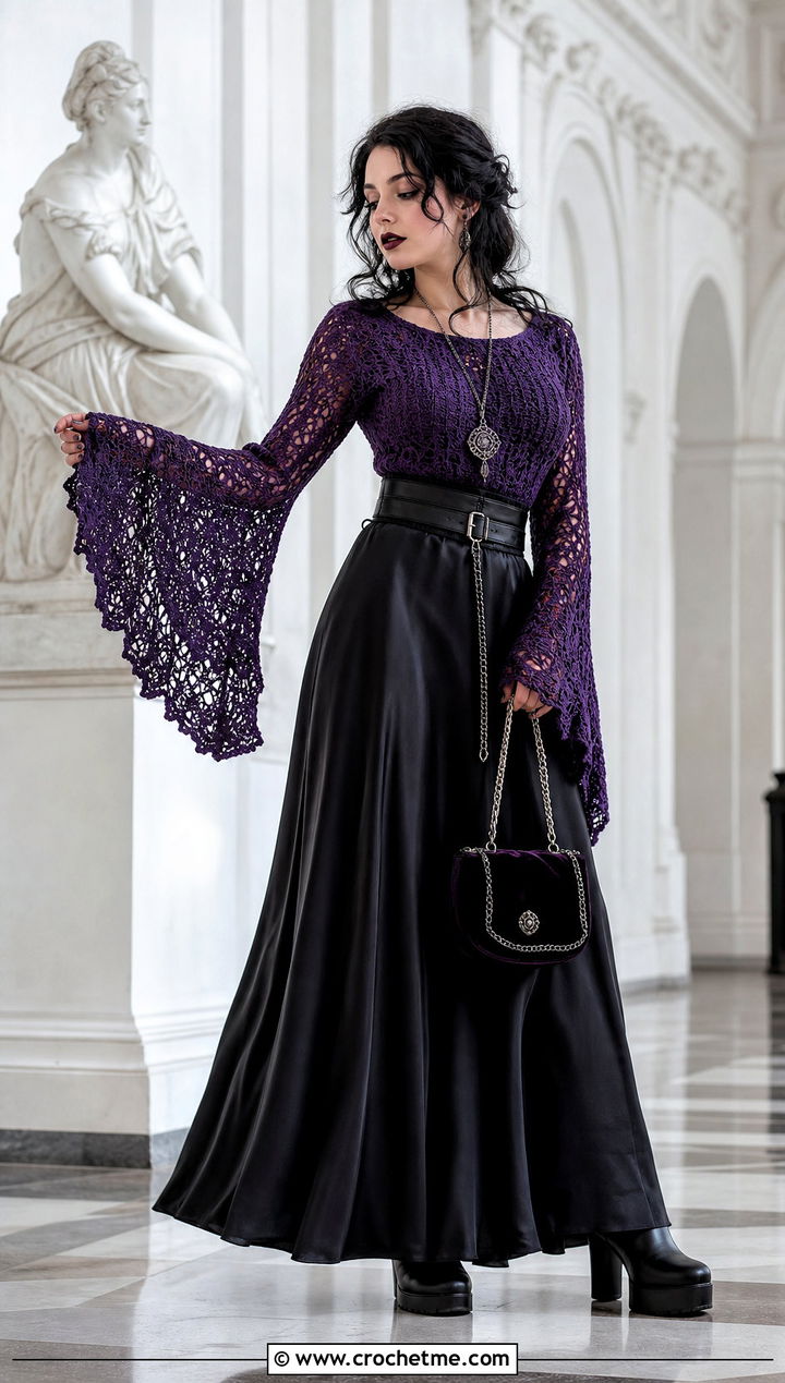 Goth Bell Sleeve Crochet Sweater With Maxi Skirt - 30 goth crochet sweater outfit ideas