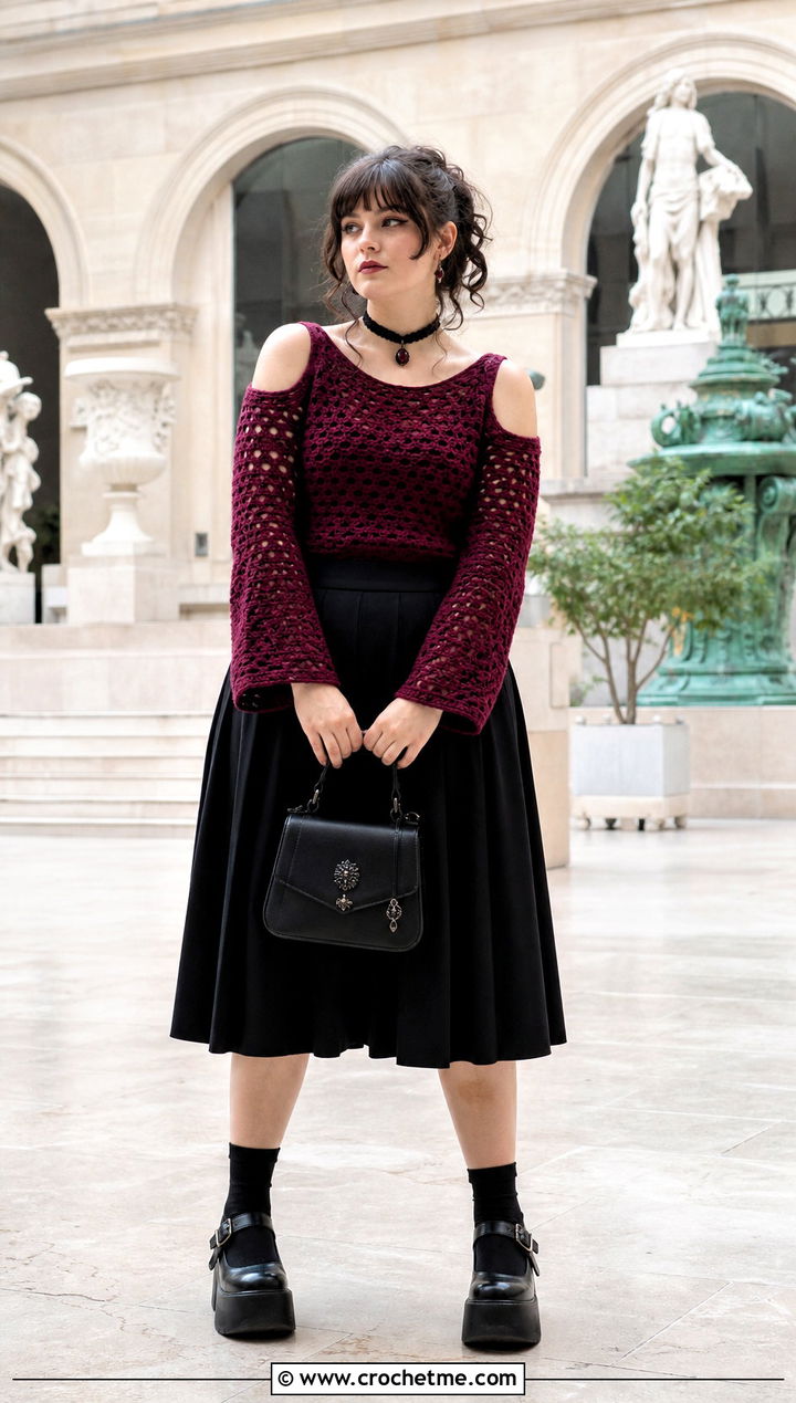 Goth Cold Shoulder Crochet Sweater With Pleated Skirt - 30 goth crochet sweater outfit ideas