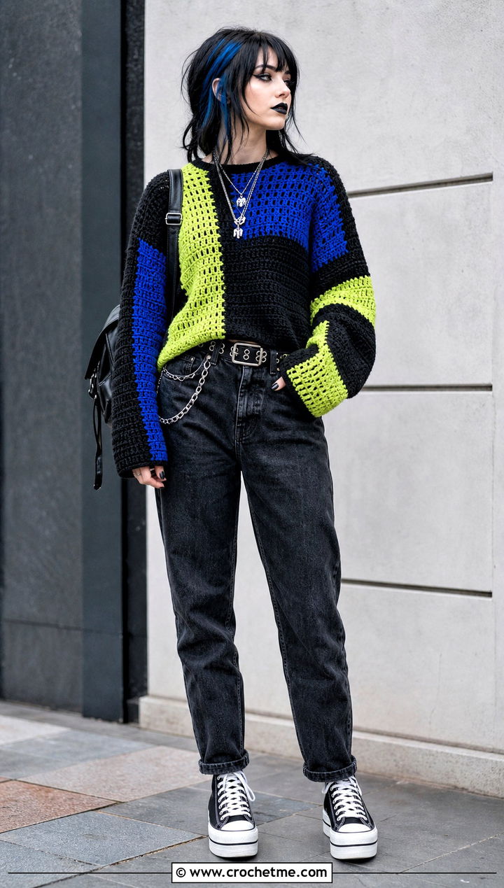 Goth Color Block Crochet Sweater With Mom Jeans - 30 goth crochet sweater outfit ideas