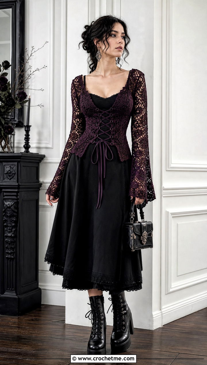 Goth Corset Lace Crochet Sweater With A Line Skirt - 30 goth crochet sweater outfit ideas