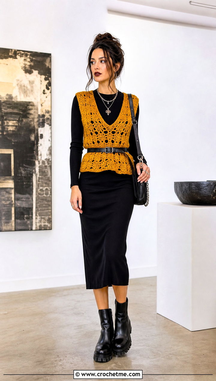 Goth Crochet Sweater Vest With Long Sleeve Dress - 30 goth crochet sweater outfit ideas