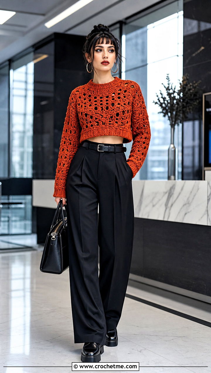 Goth Cropped Crochet Sweater With Wide Leg Trousers - 30 goth crochet sweater outfit ideas