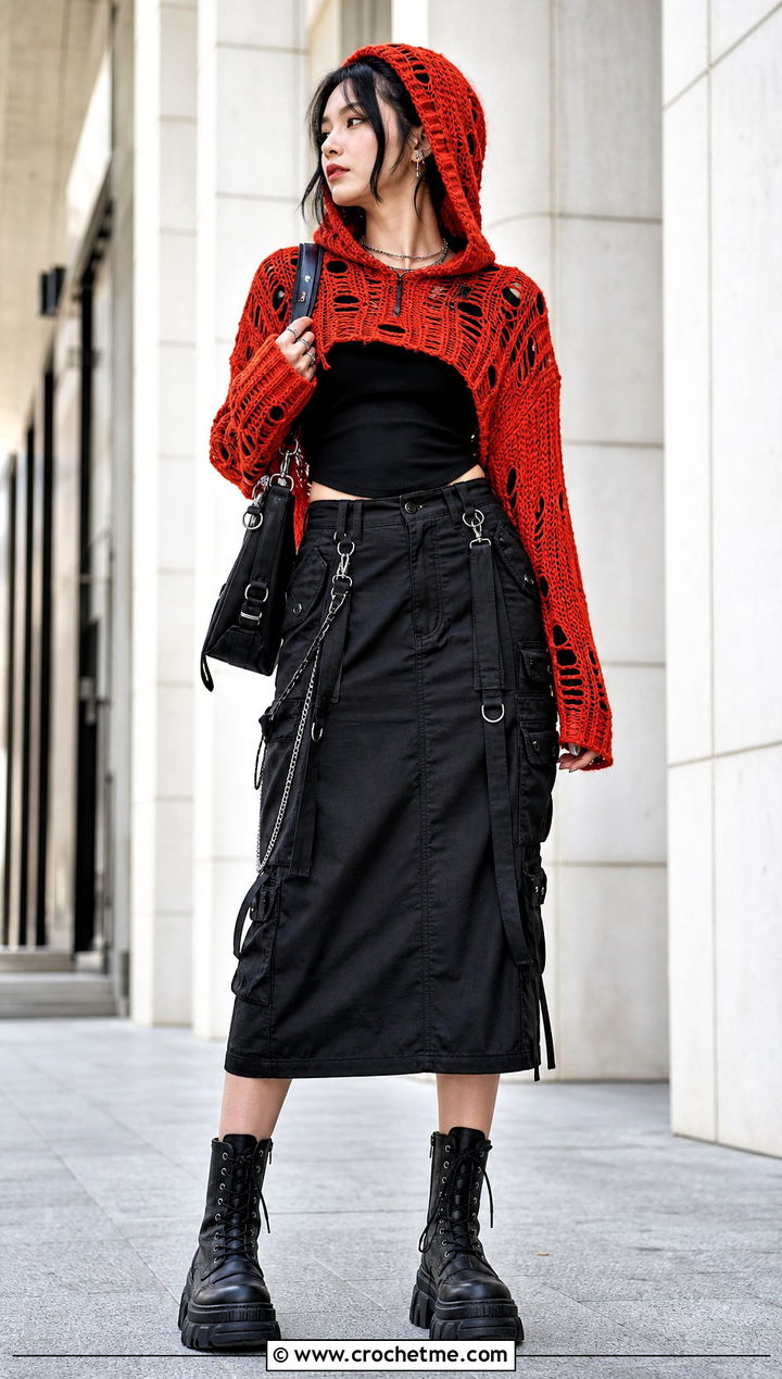 Goth Cropped Hooded Crochet Sweater With Cargo Skirt - 30 goth crochet sweater outfit ideas