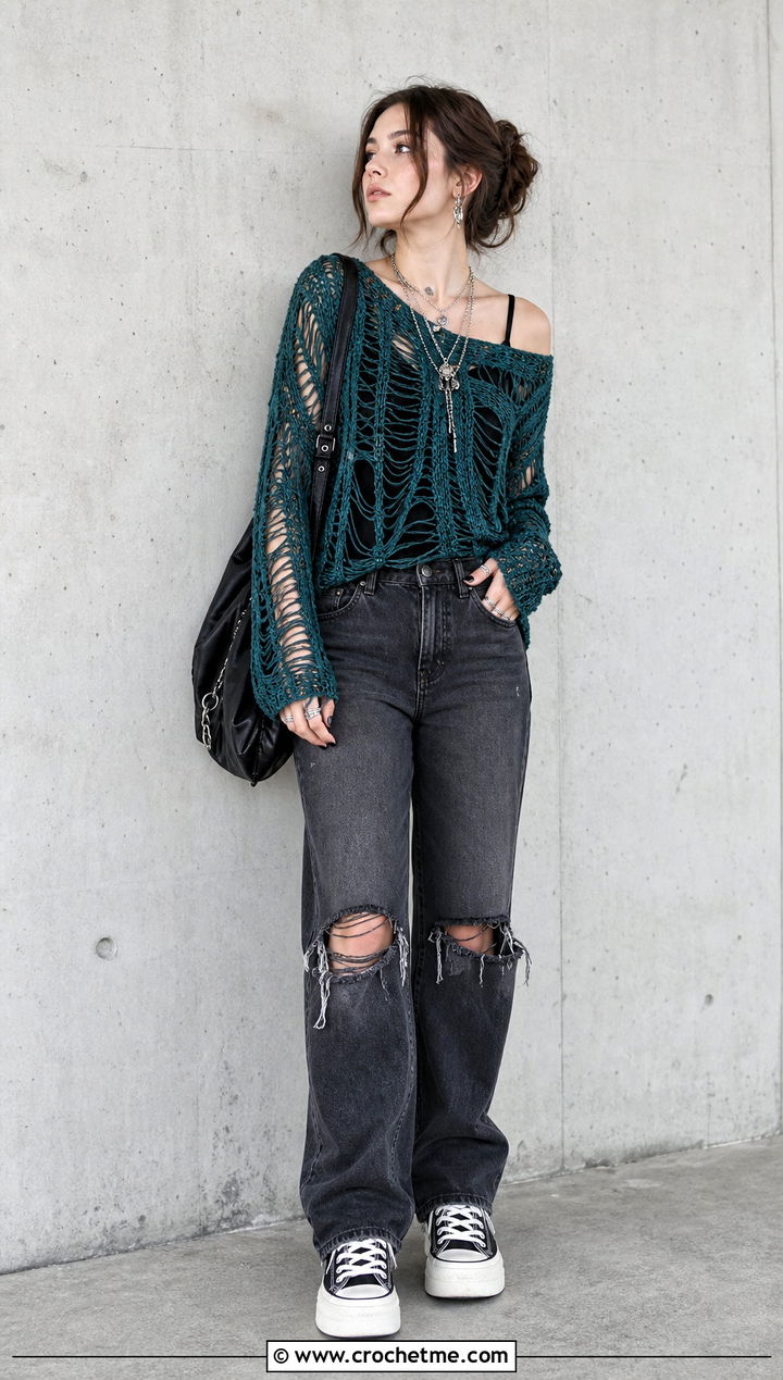 Goth Distressed Crochet Sweater With Ripped Jeans - 30 goth crochet sweater outfit ideas
