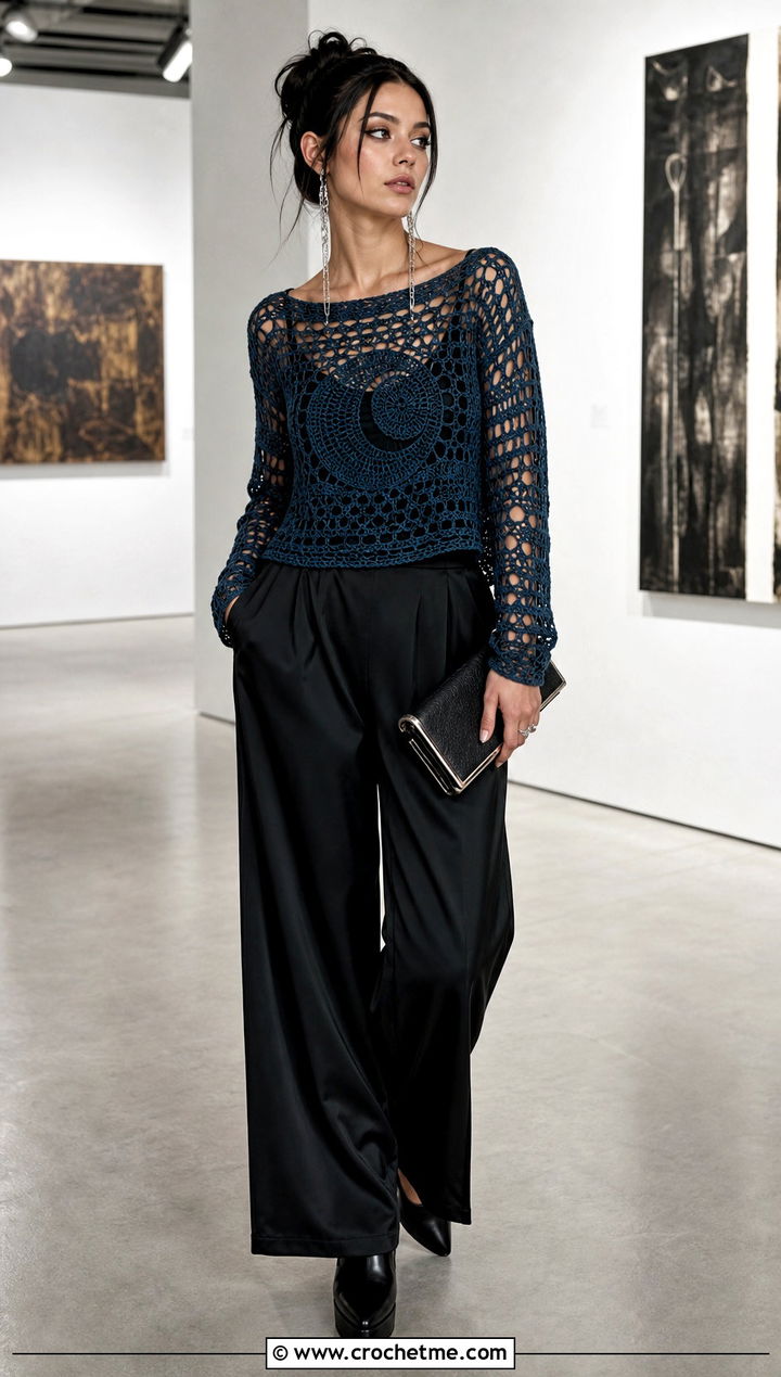 Goth Filet Crochet Sweater With Satin Pants - 30 goth crochet sweater outfit ideas