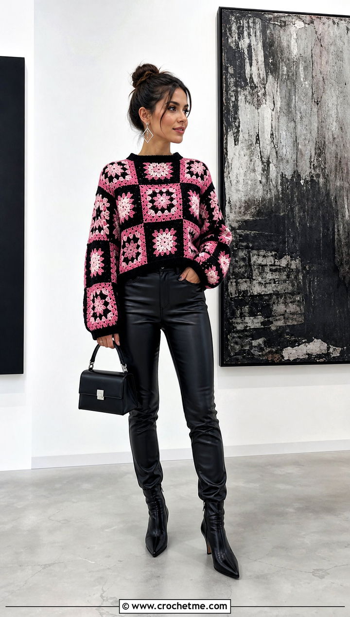 Goth Granny Square Crochet Sweater With Leather Pants - 30 goth crochet sweater outfit ideas