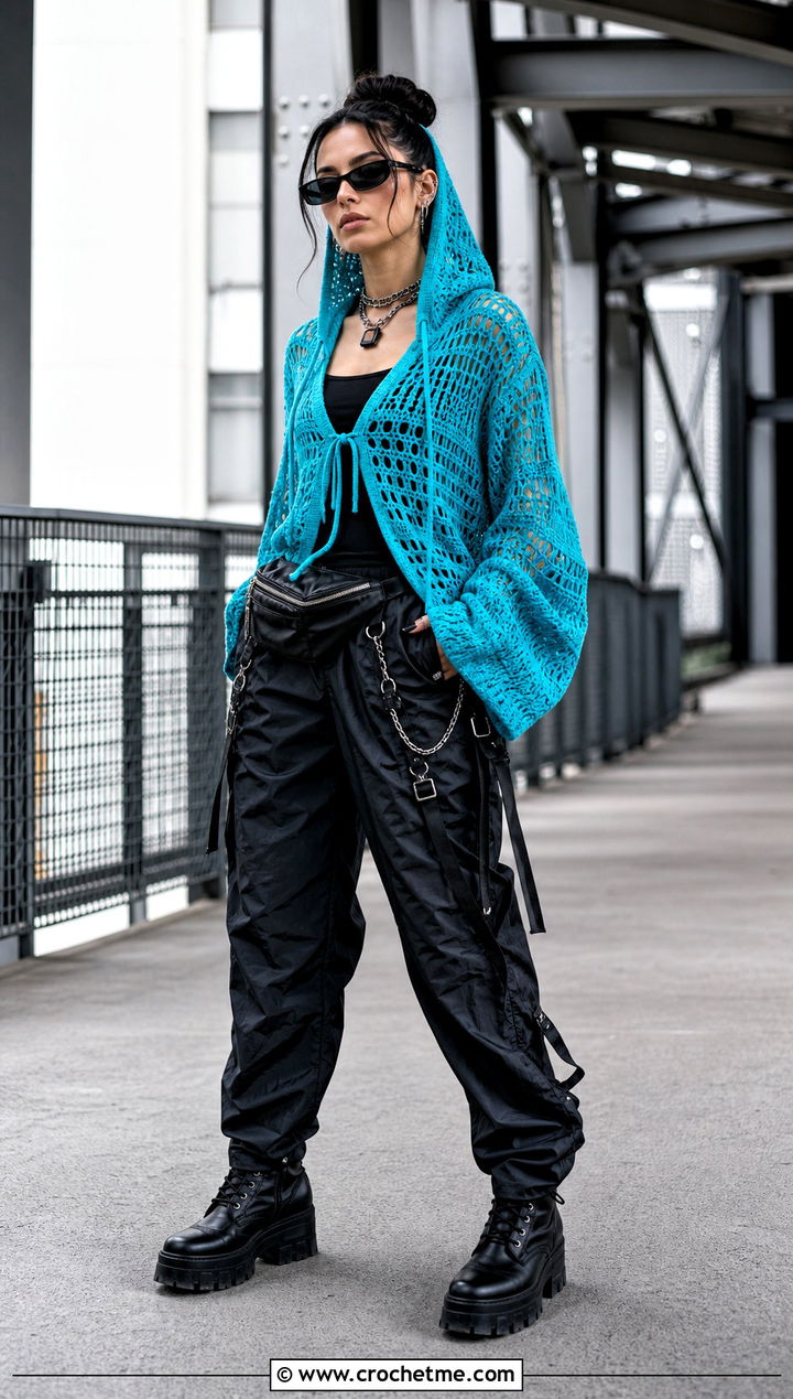 Goth Hooded Crochet Sweater With Parachute Pants - 30 goth crochet sweater outfit ideas