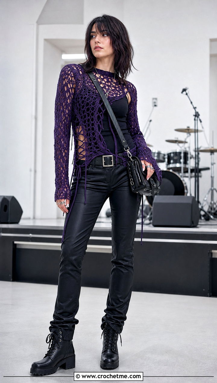 Goth Lace Up Crochet Sweater With Coated Jeans - 30 goth crochet sweater outfit ideas