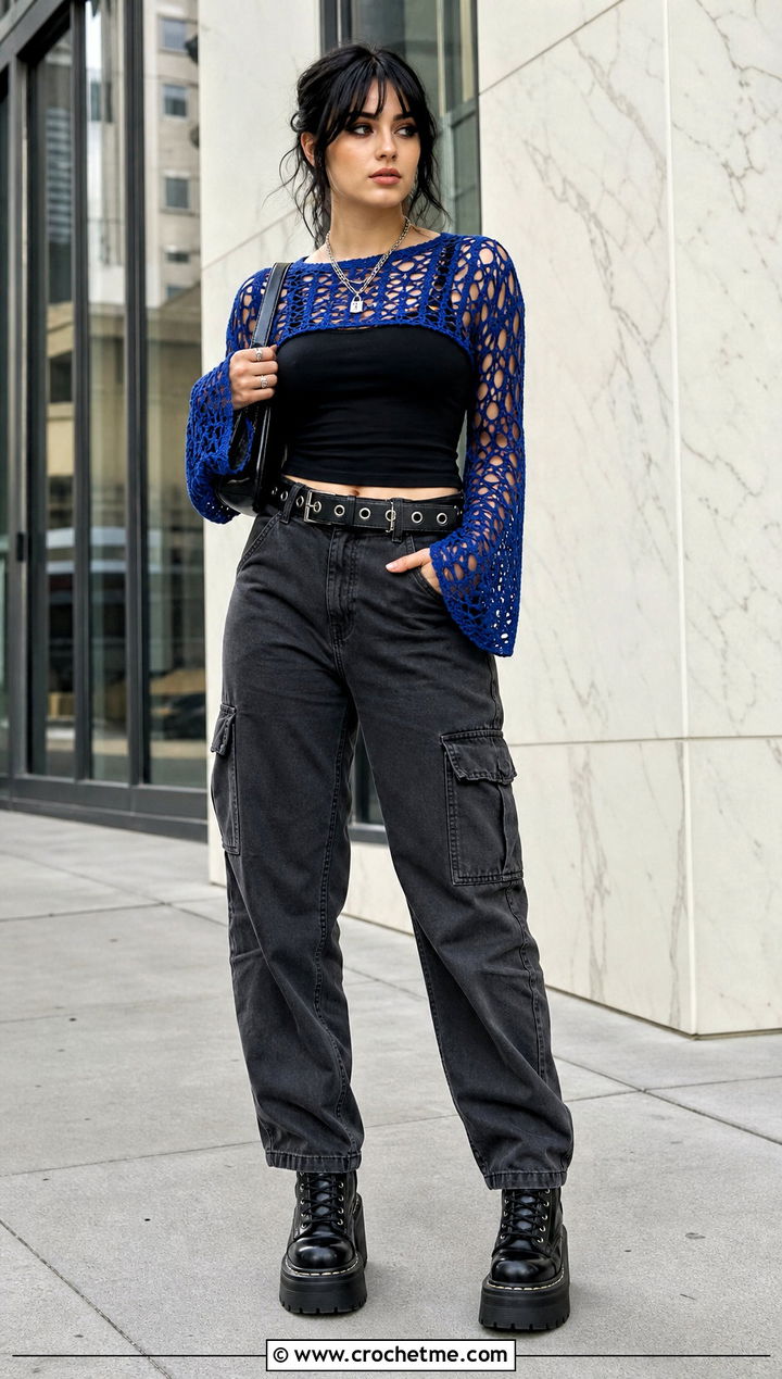 Goth Mesh Crochet Sweater With Cargo Pants - 30 goth crochet sweater outfit ideas