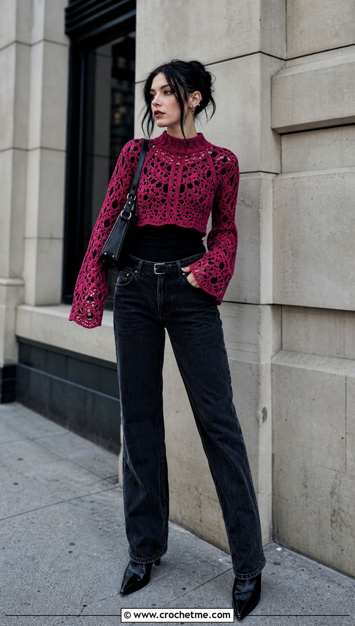 Goth Mock Neck Crochet Sweater With Straight Leg Jeans - 30 goth crochet sweater outfit ideas