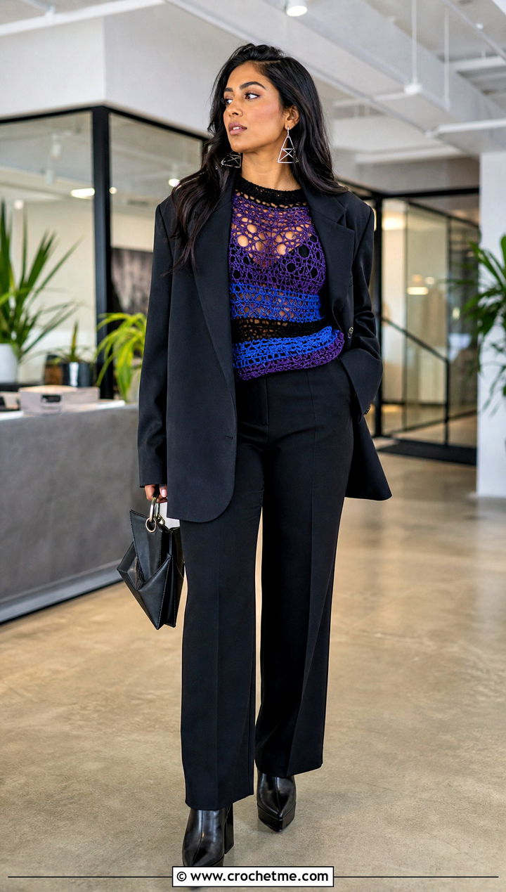 Goth Multicolor Crochet Sweater With Black Suit - 30 goth crochet sweater outfit ideas