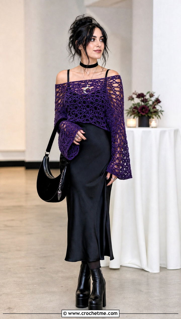Goth Off Shoulder Crochet Sweater With Slip Dress - 30 goth crochet sweater outfit ideas