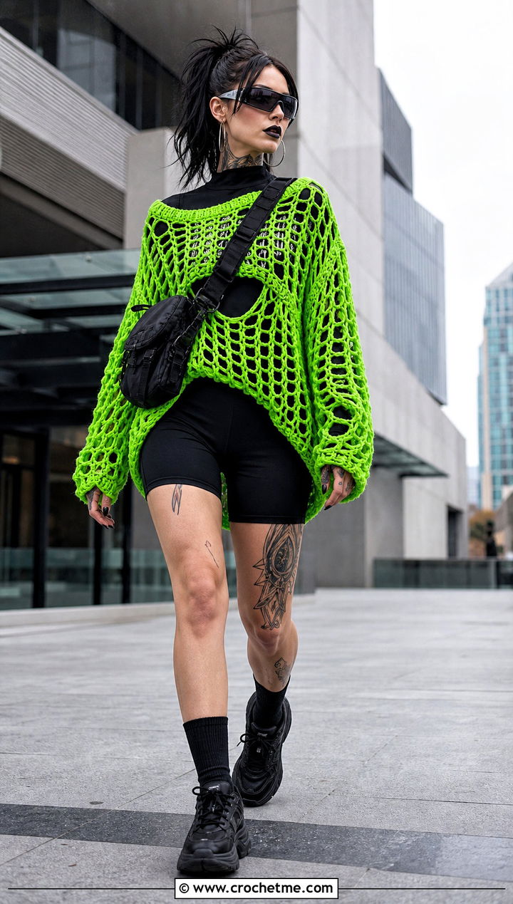Goth Oversized Crochet Sweater With Biker Shorts - 30 goth crochet sweater outfit ideas