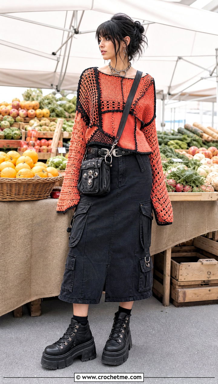 Goth Patchwork Crochet Sweater With Utility Skirt - 30 goth crochet sweater outfit ideas