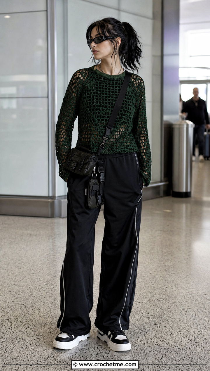 Goth Raglan Crochet Sweater With Track Pants - 30 goth crochet sweater outfit ideas