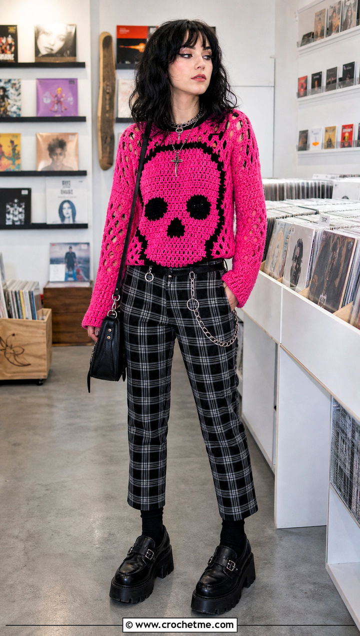 Goth Skull Crochet Sweater With Plaid Pants - 30 goth crochet sweater outfit ideas